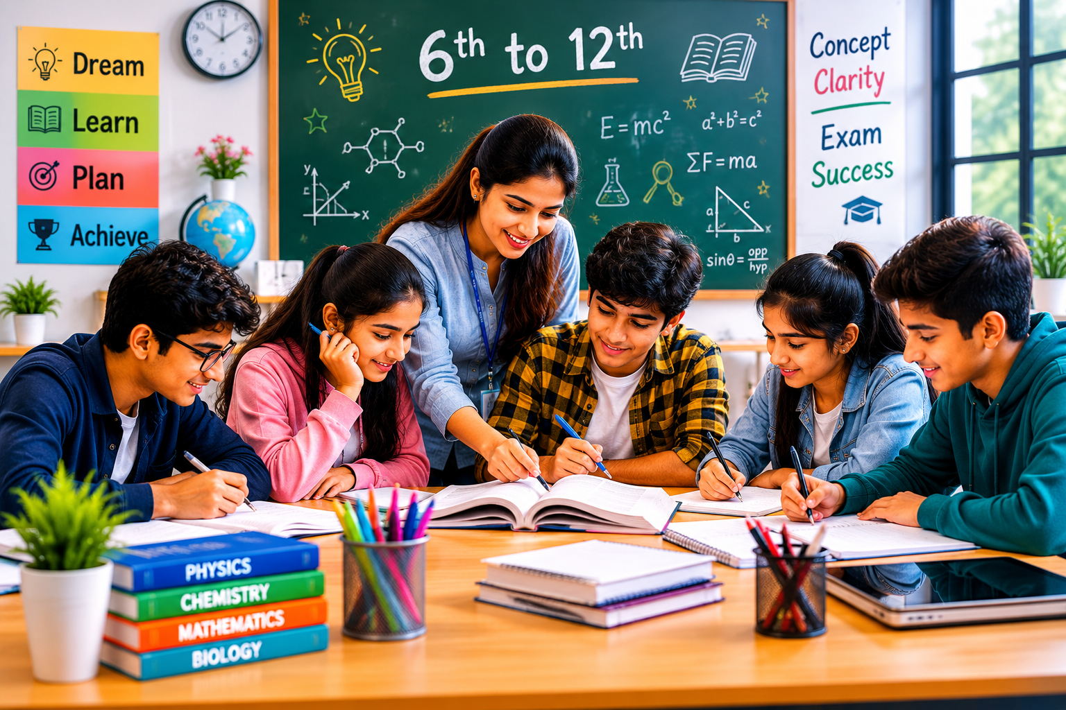 Students studying with teacher